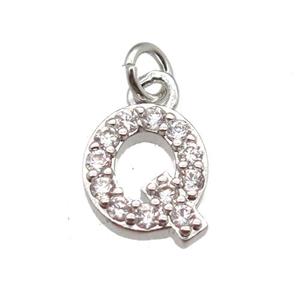 copper letter-Q pendant paved zircon, platinum plated, approx 10mm
