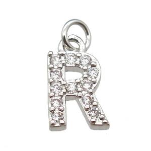 copper letter-R pendant paved zircon, platinum plated, approx 10mm