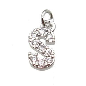 copper letter-S pendant paved zircon, platinum plated, approx 10mm