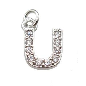 copper letter-U pendant paved zircon, platinum plated, approx 10mm