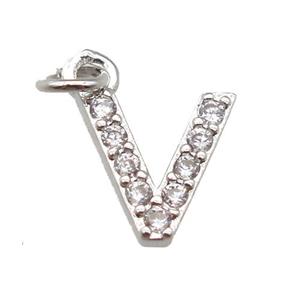 copper letter-V pendant paved zircon, platinum plated, approx 10mm