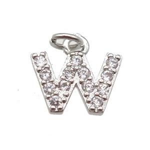 copper letter-W pendant paved zircon, platinum plated, approx 10mm