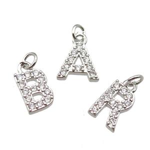 mixed copper Alphabet letter pendant paved zircon, platinum plated, approx 10mm