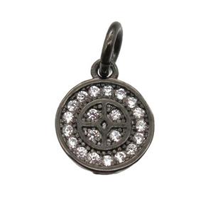copper circle pendant paved zircon, black plated, approx 8mm dia