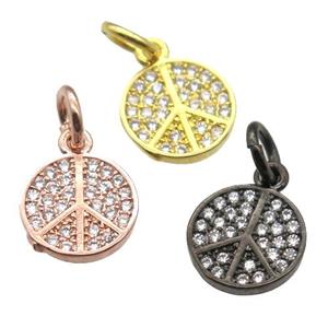 copper pendant paved zircon, peace sign, mixed color, approx 8mm dia