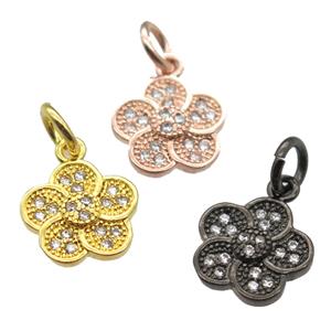 copper flower pendant paved zircon, mixed color, approx 10mm dia