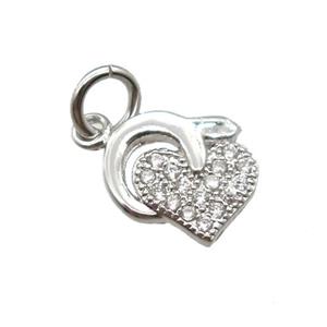 copper heart pendant paved zircon, platinum plated, approx 8-10mm