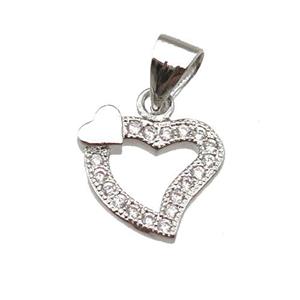 copper heart pendant paved zircon, platinum plated, approx 12mm