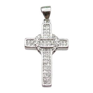 copper cross pendant paved zircon, platinum plated, approx 15-24mm