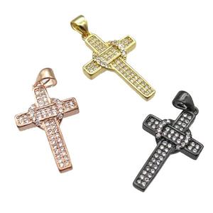 copper cross pendant paved zircon, mixed color, approx 15-24mm