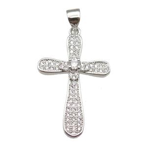 copper cross pendant paved zircon, platinum plated, approx 18-26mm
