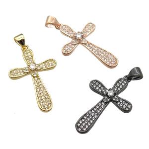 copper cross pendant paved zircon, mixed color, approx 18-26mm