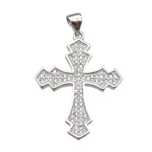 copper cross pendant paved zircon, platinum plated, approx 22-26mm