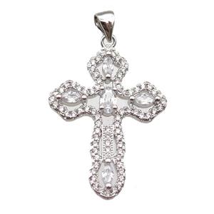copper cross pendant paved zircon, platinum plated, approx 22-30mm