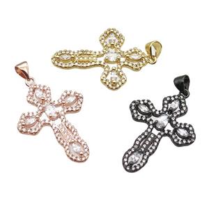 copper cross pendant paved zircon, mixed color, approx 22-30mm