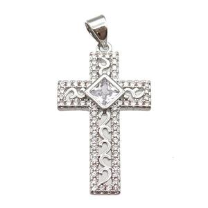 copper cross pendant paved zircon, platinum plated, approx 17-26mm