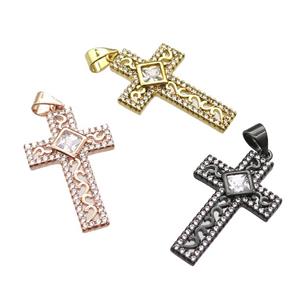 copper cross pendant paved zircon, mixed color, approx 17-26mm