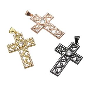 copper cross pendant paved zircon, mixed color, approx 20-28mm