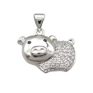 copper pig pendant paved zircon, platinum plated, approx 12-19mm
