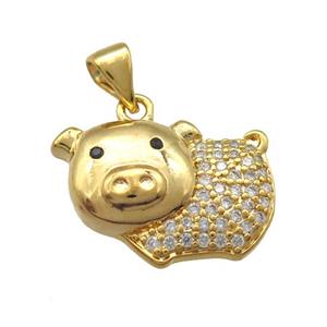 copper pig pendant paved zircon, gold plated, approx 12-19mm