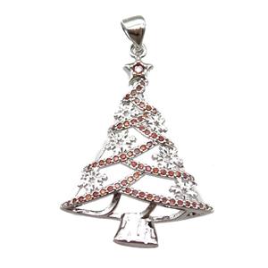 copper pendant paved zircon, Christmas Tree, platinum plated, approx 24-32mm