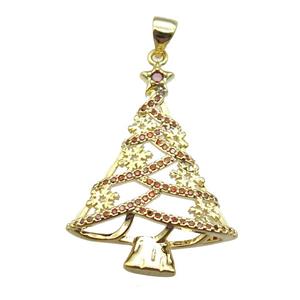 copper pendant paved zircon, Christmas Tree, gold plated, approx 24-32mm