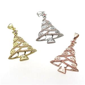 copper pendant paved zircon, Christmas Tree, mixed color, approx 24-32mm