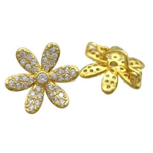 copper flower beads paved zircon, gold plated, approx 16mm dia