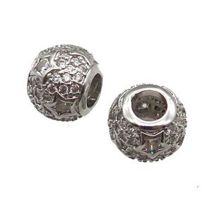 European Style copper round beads paved zircon, platinum plated, approx 10-12mm, 5mm hole