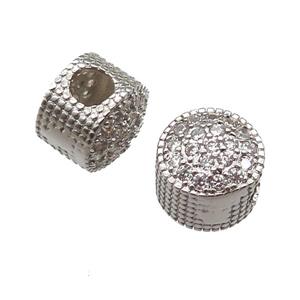 European Style copper rondelle beads paved zircon, platinum plated, approx 10-12mm, 5mm hole