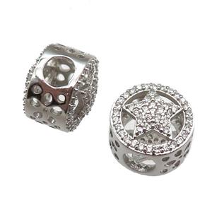 European Style copper beads paved zircon, platinum plated, approx 10-12mm, 5mm hole