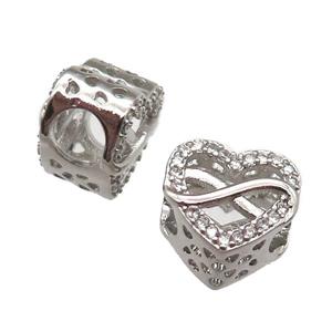 European Style copper heart beads paved zircon, platinum plated, approx 10-12mm, 5mm hole