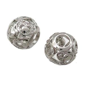 European Style copper round beads paved zircon, hollow, platinum plated, approx 10-12mm, 5mm hole