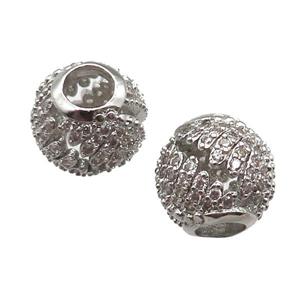 European Style copper round beads paved zircon, platinum plated, approx 10-12mm, 5mm hole