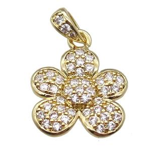 copper flower pendant paved zircon, gold plated, approx 16mm dia