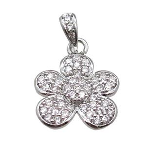 copper flower pendant paved zircon, platinum plated, approx 16mm dia