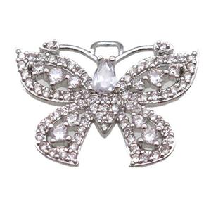 copper butterfly pendant paved zircon, platinum plated, approx 18-24mm