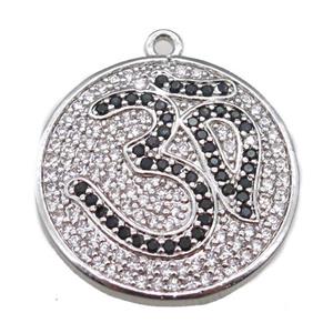 copper circle pendant paved zircon, platinum plated, approx 22mm dia