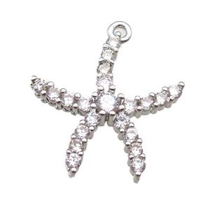 copper starfish pendant paved zircon, platinum plated, approx 18-20mm