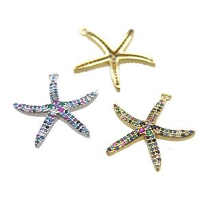 copper starfish pendant paved zircon, mixed color, approx 24mm