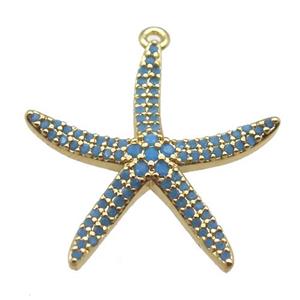 copper starfish pendant paved zircon, turq, gold plated, approx 24mm