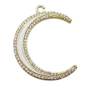 copper crescent moon pendant paved zircon, enameling, gold plated, approx 32mm dia
