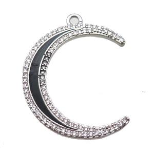 copper crescent moon pendant paved zircon, enameling, platinum plated, approx 32mm dia