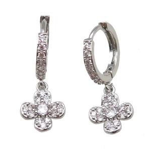 copper hoop Earring paved zircon with clover, platinum plated, approx 10mm, 14mm dia
