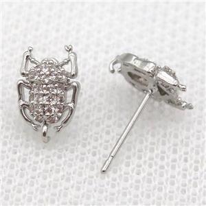 copper Studs Earring paved zircon with beetle, platinum plated, approx 7-10mm
