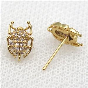 copper Studs Earring paved zircon with beetle, gold plated, approx 7-10mm