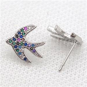 copper Studs Earring paved zircon with swallow, platinum plated, approx 13mm
