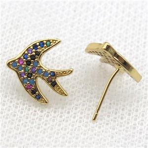 copper Studs Earring paved zircon with swallow, gold plated, approx 13mm