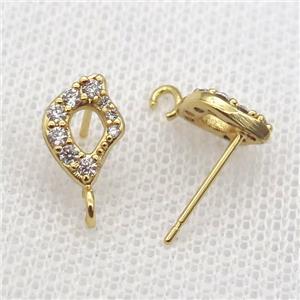 copper Studs Earring paved zircon, gold plated, approx 7-10mm