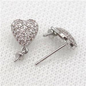 copper Studs Earring paved zircon, heart, platinum plated, approx 9mm